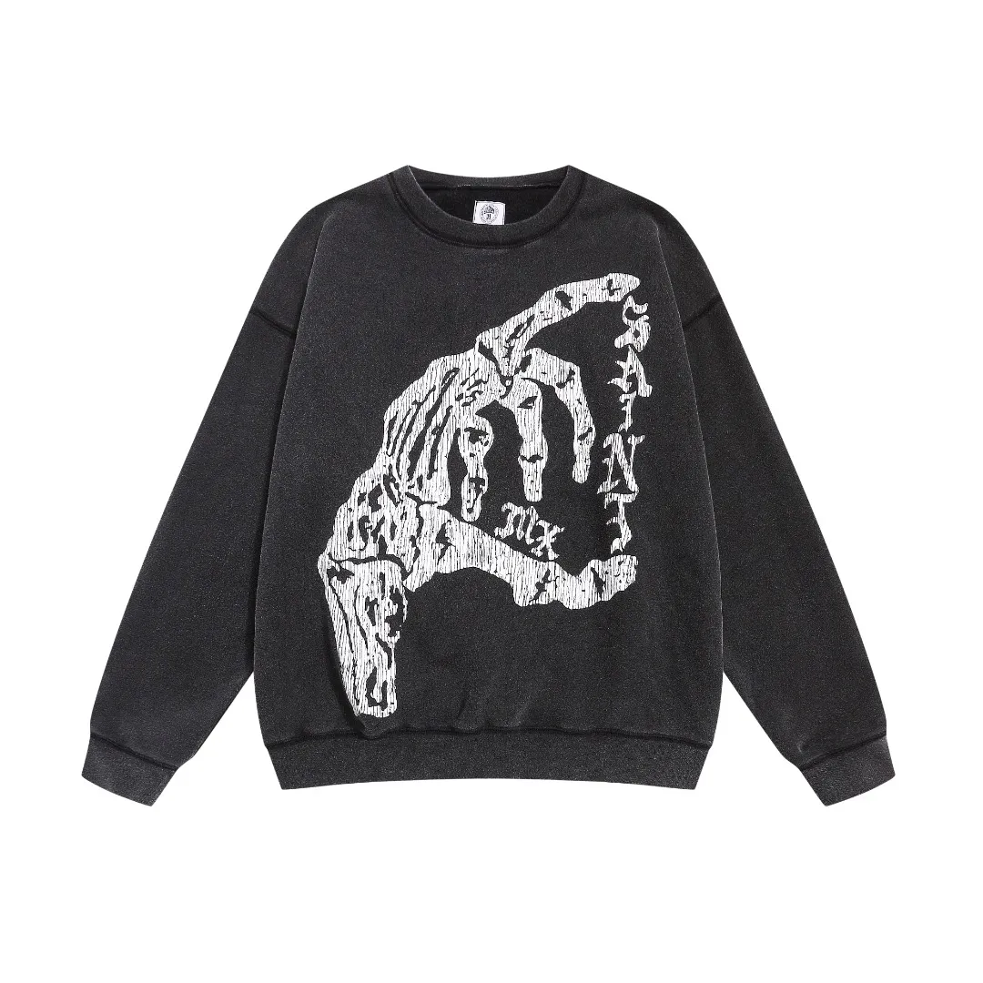 American Saint Michael skull hand cracked print retro distressed washed loose round neck plus velvet long-sleeved sweatshirt Fabric: 420g Style number: SM608 Size: S-M-L-XL Color: Black Price: P198